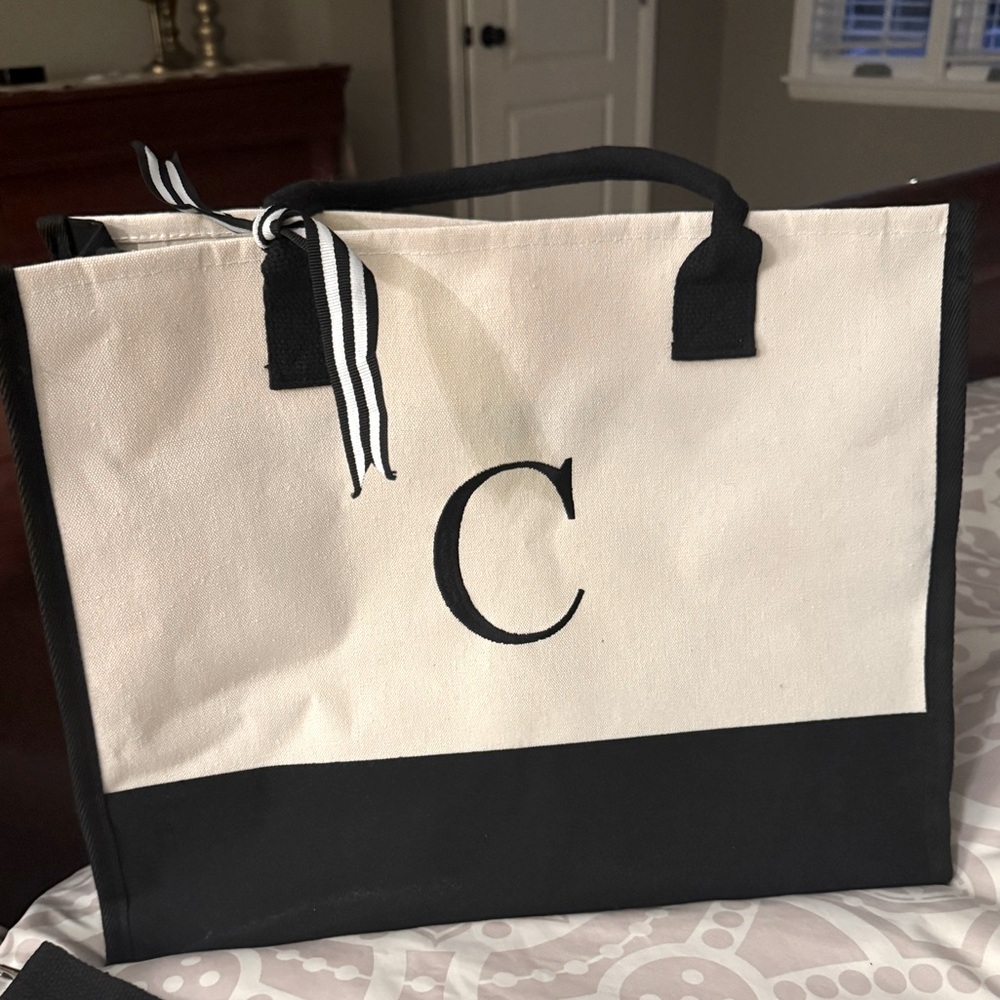 Black & white initial (C) canvas tote.